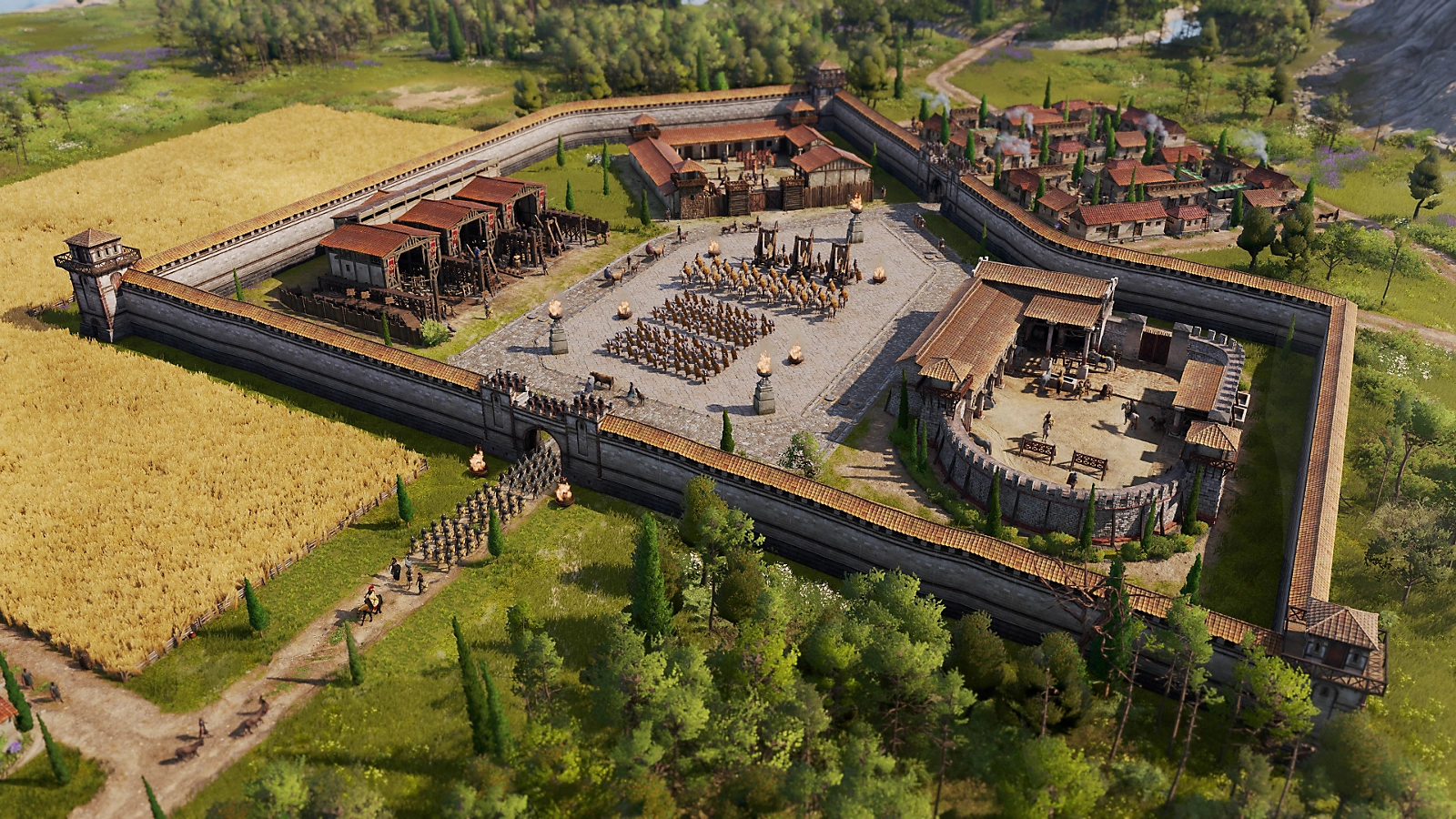 Anno 117 military defense strategy showing layered fortifications, chokepoints, and strategic positioning for Roman legion deployment